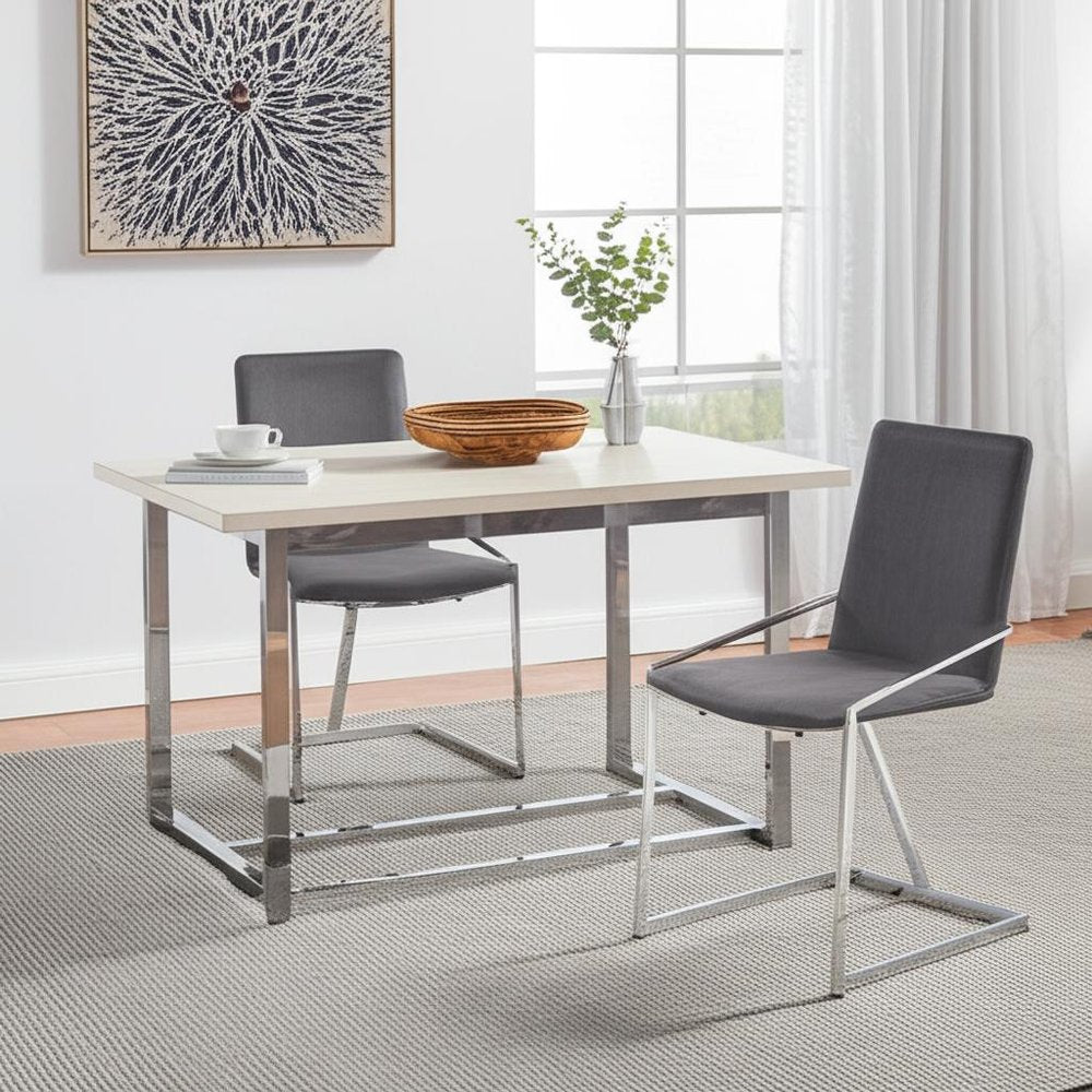 Set of Two Gray and Silver Upholstered Velvet and Metal Dining Side Chairs