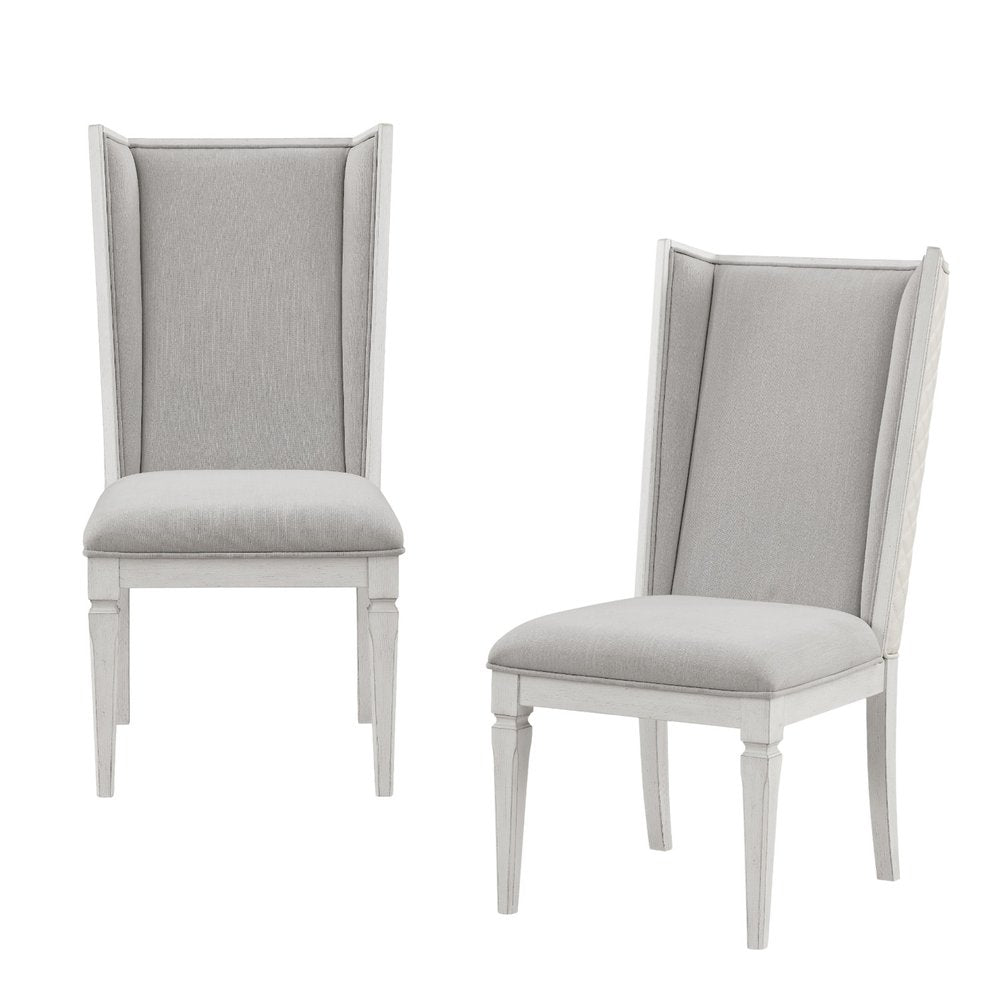 Set of Two Light Gray and White Linen Open Back Dining Side Chairs