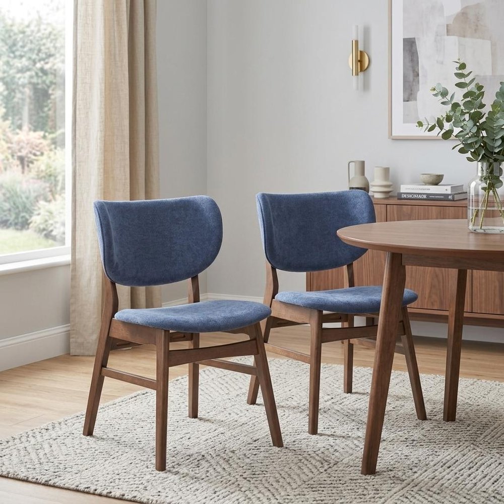 Set of Two Blue and Brown Fabric Open Back Dining Side Chairs