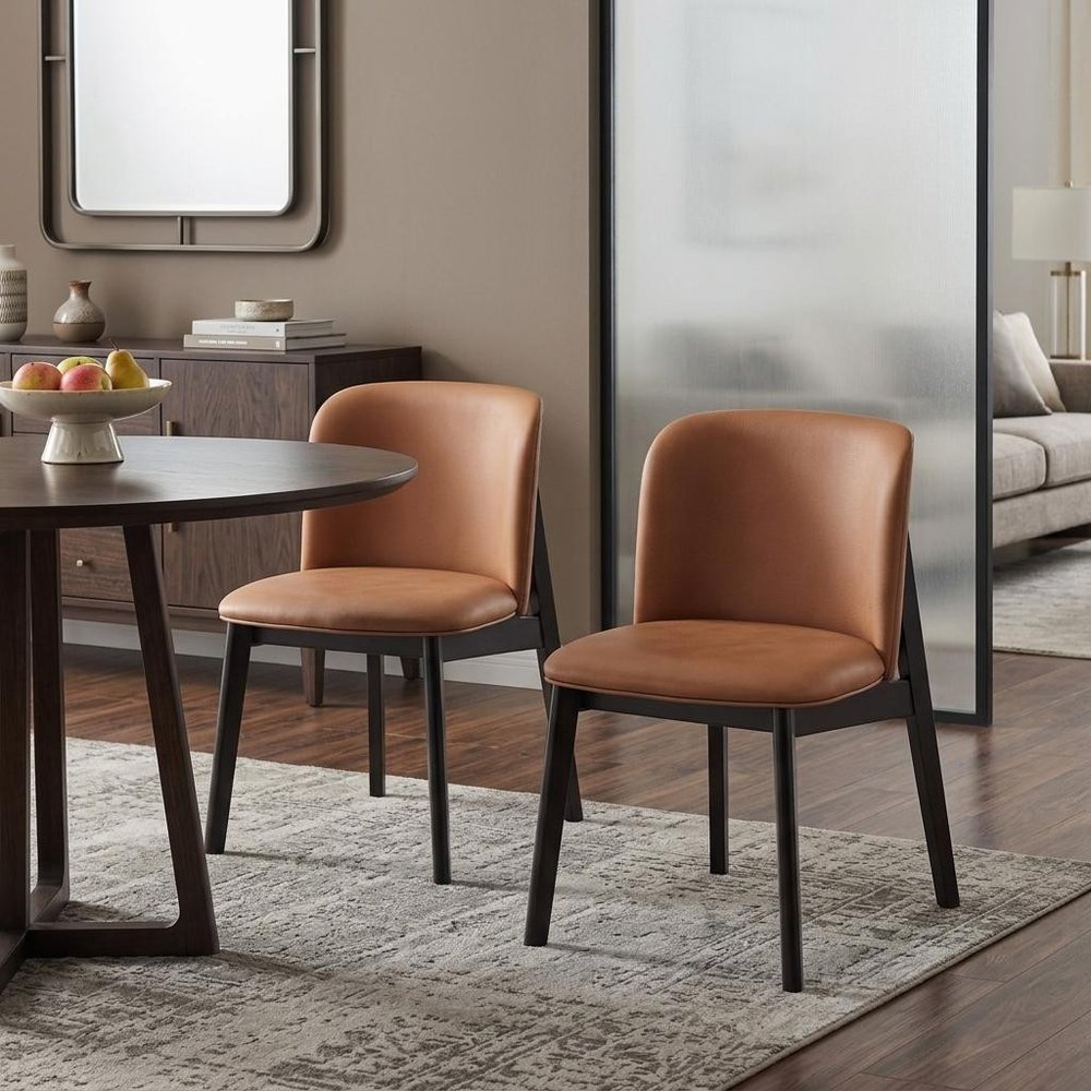Set of Two Camel and Black Fabric Wing Back Dining Side Chairs