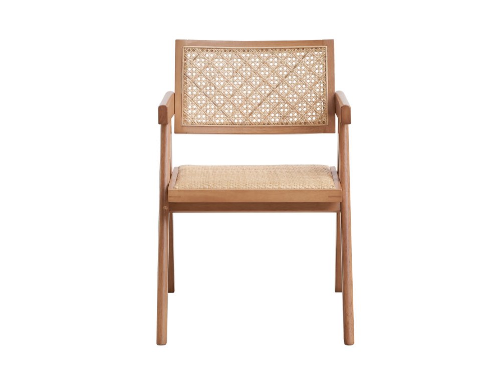 Set of Two Natural Solid Wood and Rattan Open Back Dining Arm Chairs