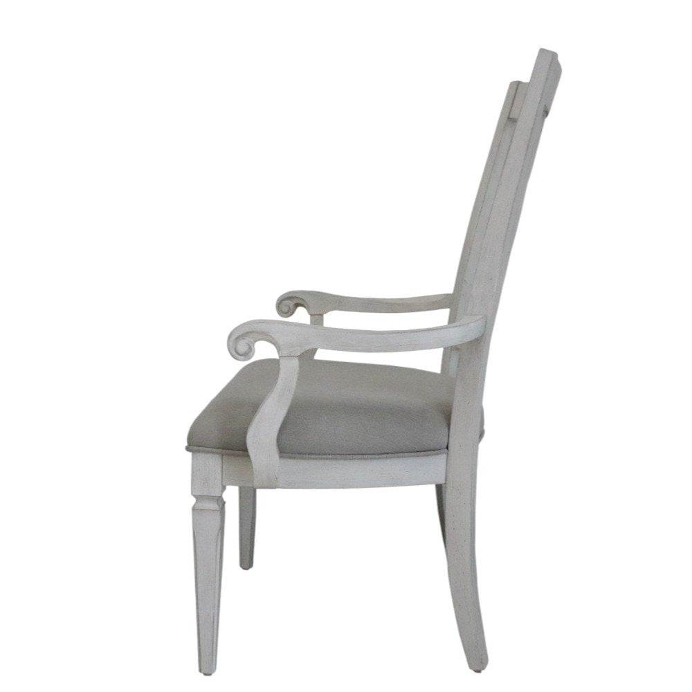 Set of Two Light Gray and White Upholstered Linen and Solid Wood Open Back Dining Arm Chairs