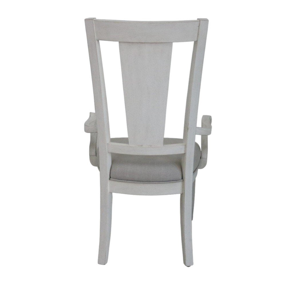 Set of Two Light Gray and White Upholstered Linen and Solid Wood Open Back Dining Arm Chairs