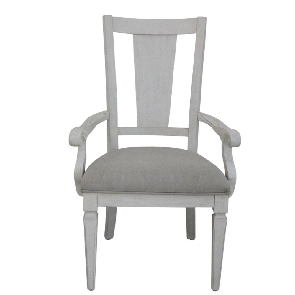Set of Two Light Gray and White Upholstered Linen and Solid Wood Open Back Dining Arm Chairs