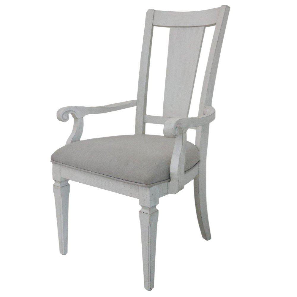 Set of Two Light Gray and White Upholstered Linen and Solid Wood Open Back Dining Arm Chairs
