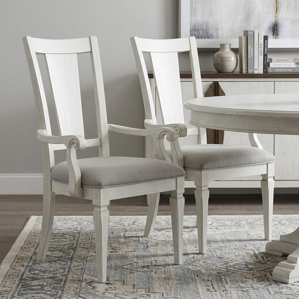 Set of Two Light Gray and White Upholstered Linen and Solid Wood Open Back Dining Arm Chairs