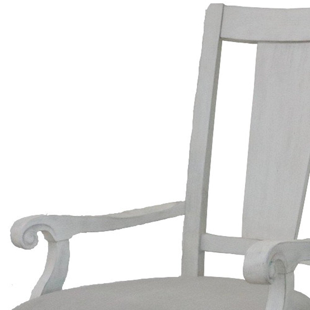 Set of Two Light Gray and White Upholstered Linen and Solid Wood Open Back Dining Arm Chairs