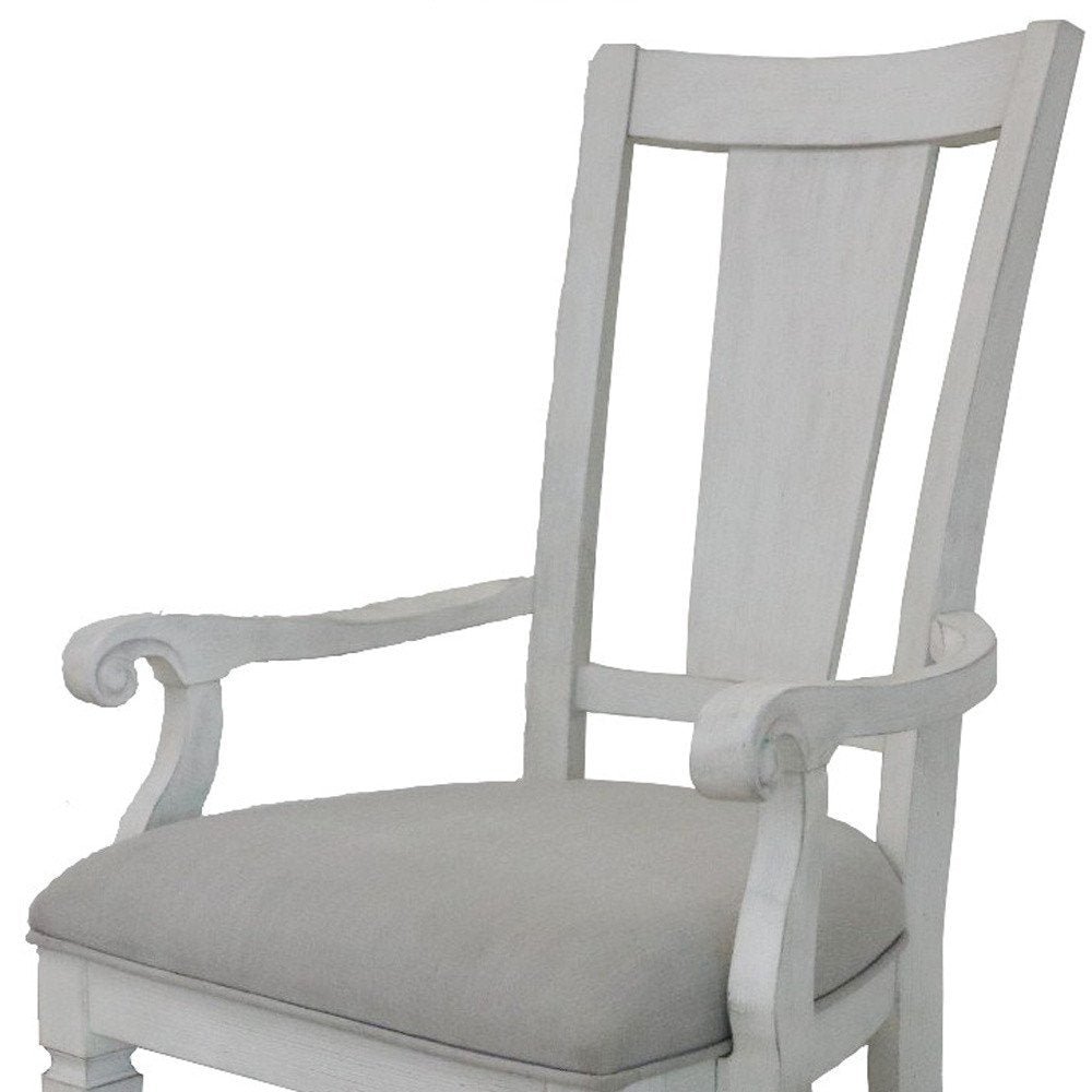 Set of Two Light Gray and White Upholstered Linen and Solid Wood Open Back Dining Arm Chairs