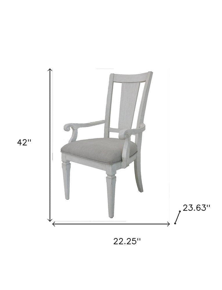 Set of Two Light Gray and White Upholstered Linen and Solid Wood Open Back Dining Arm Chairs