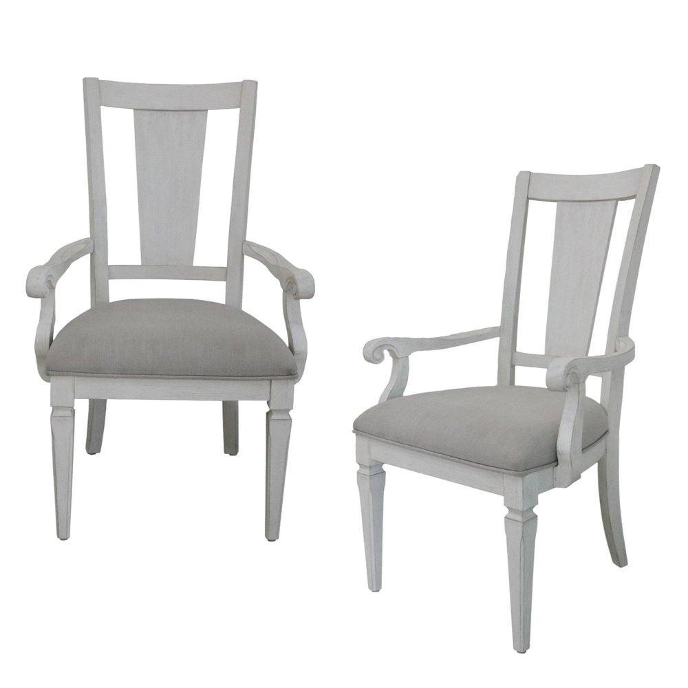 Set of Two Light Gray and White Upholstered Linen and Solid Wood Open Back Dining Arm Chairs