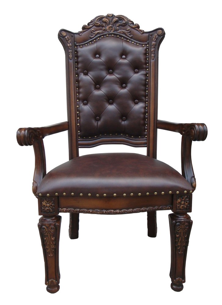 Set of Two Tufted Brown and Redwood Upholstered Faux Leather and Solid Wood Dining Arm Chairs