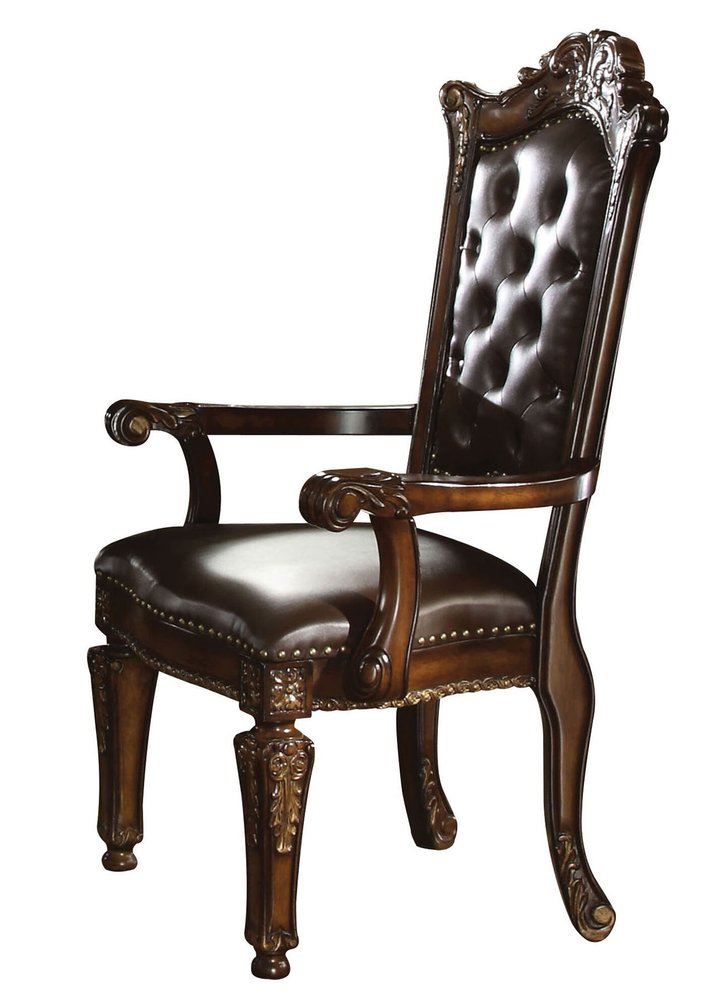 Set of Two Tufted Brown and Redwood Upholstered Faux Leather and Solid Wood Dining Arm Chairs