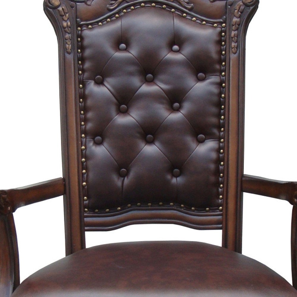 Set of Two Tufted Brown and Redwood Upholstered Faux Leather and Solid Wood Dining Arm Chairs