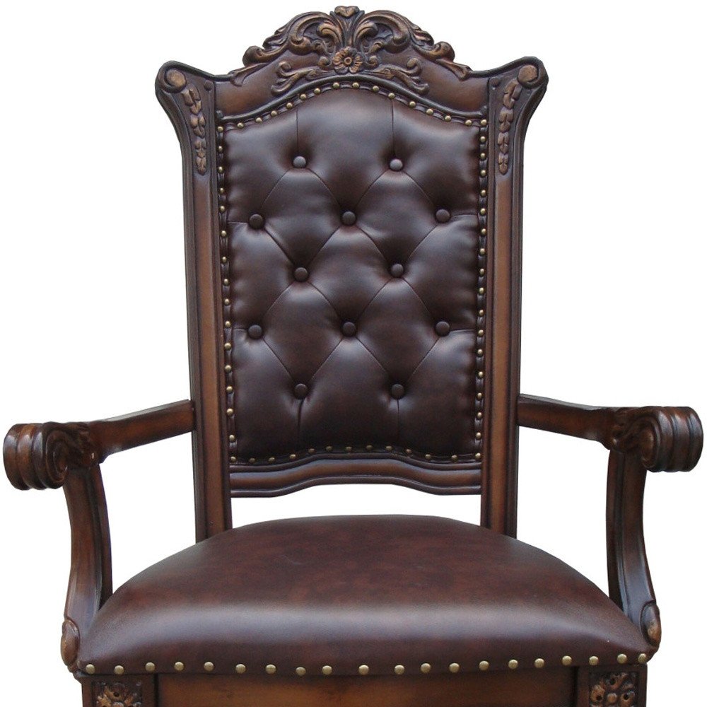 Set of Two Tufted Brown and Redwood Upholstered Faux Leather and Solid Wood Dining Arm Chairs