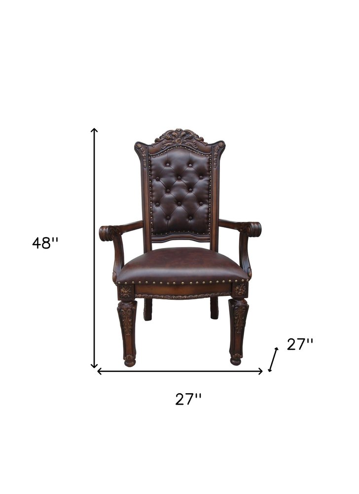 Set of Two Tufted Brown and Redwood Upholstered Faux Leather and Solid Wood Dining Arm Chairs