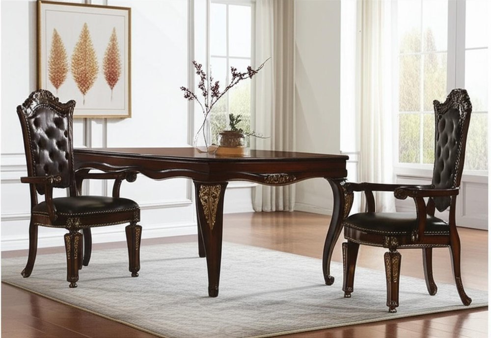 Set of Two Tufted Brown and Redwood Upholstered Faux Leather and Solid Wood Dining Arm Chairs