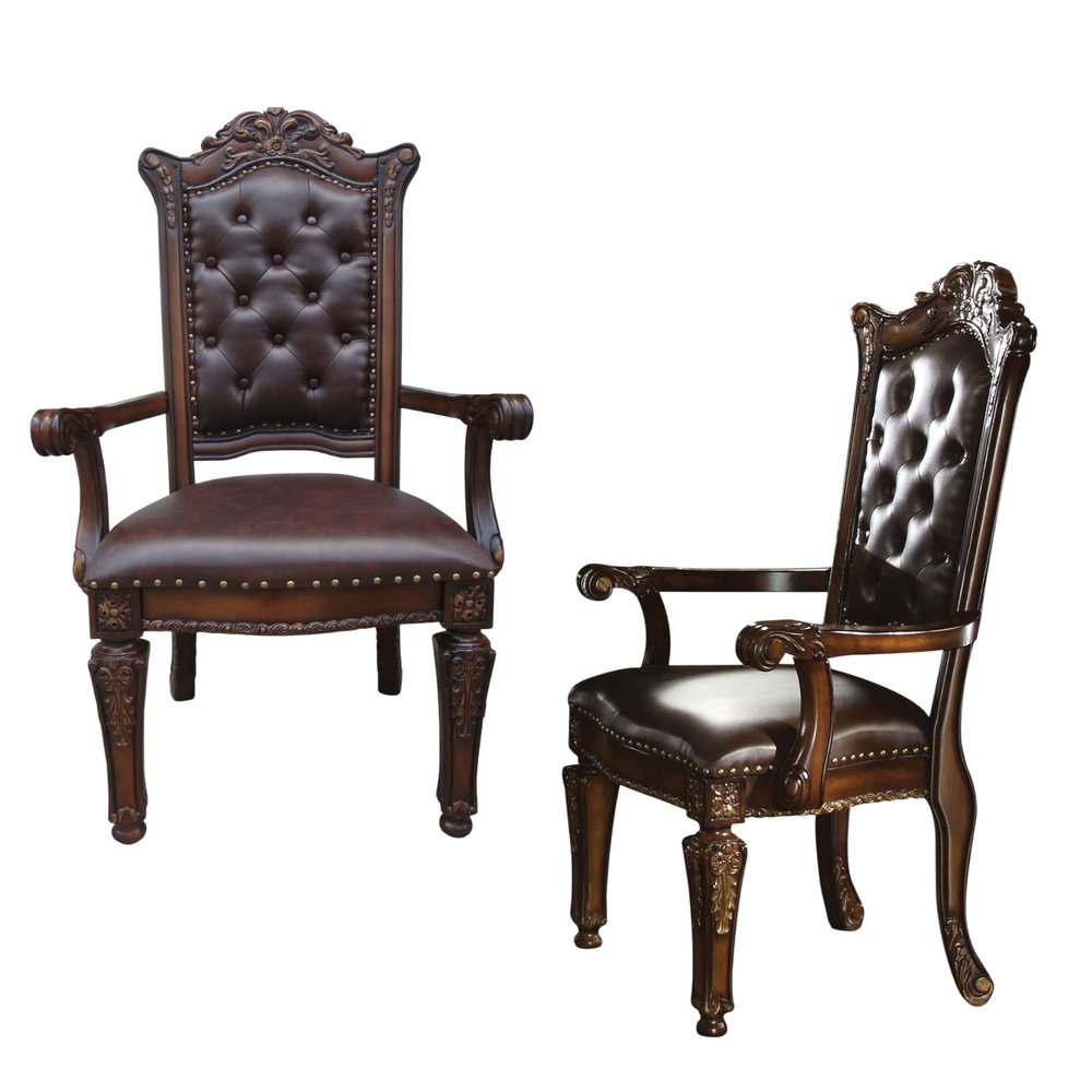 Set of Two Tufted Brown and Redwood Upholstered Faux Leather and Solid Wood Dining Arm Chairs