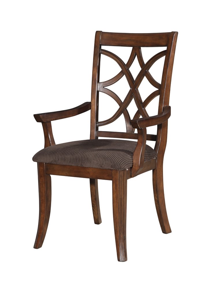 Set of Two Brown Upholstered Microfiber and Solid Wood Open Back Dining Arm Chairs