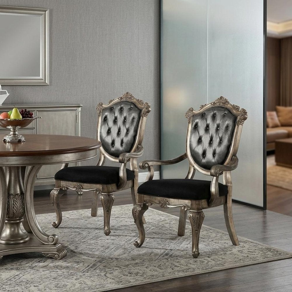 Set of Two Dark Gray and Platinum Tufted Fabric Open Back Dining Arm Chairs