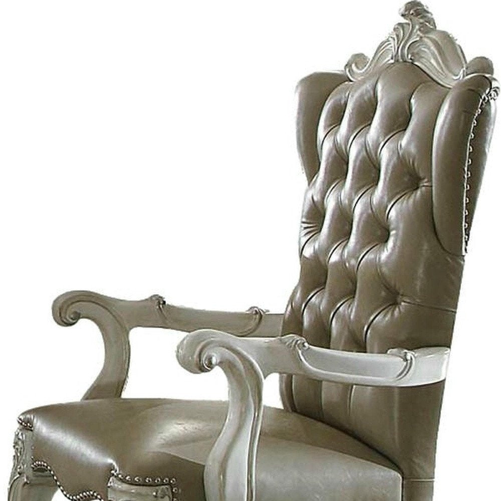 Set of Two Gray and Bone Tufted Faux Leather Wing Back Dining Arm Chairs