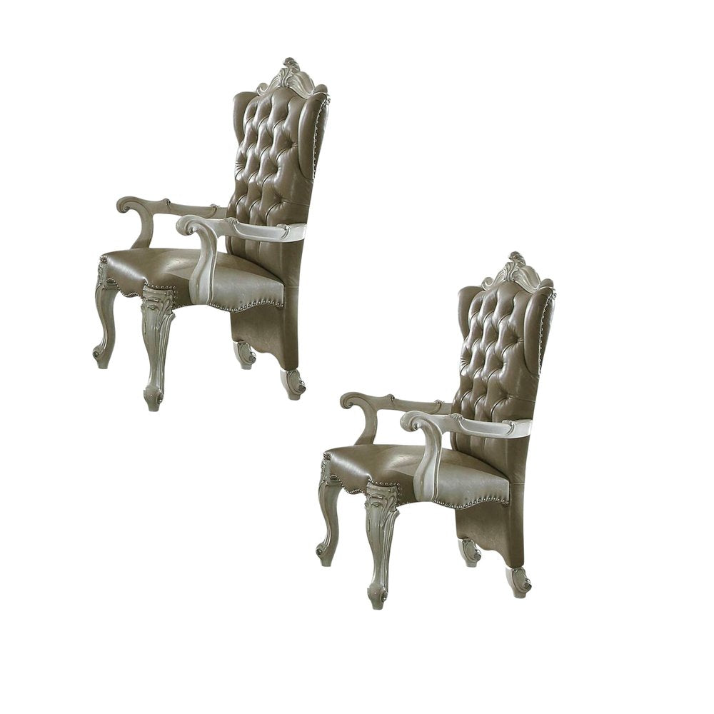 Set of Two Gray and Bone Tufted Faux Leather Wing Back Dining Arm Chairs