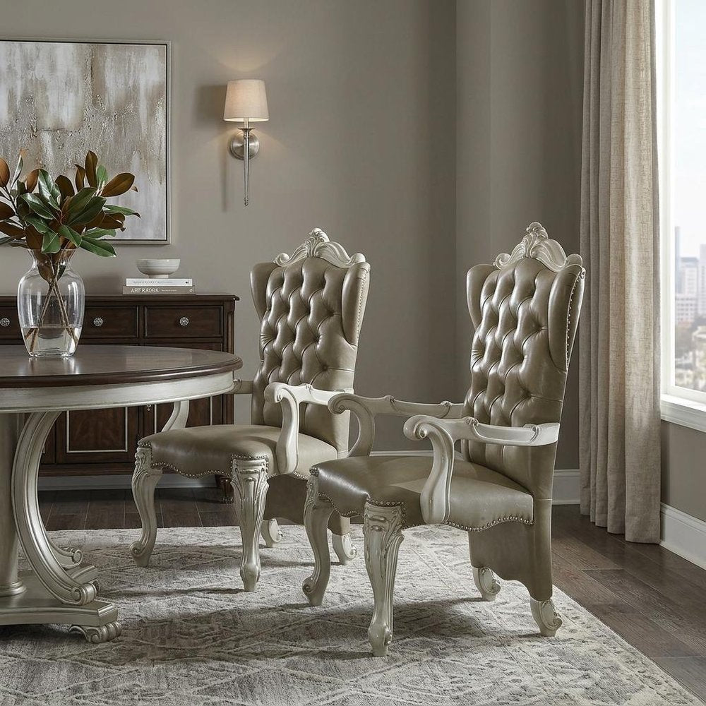 Set of Two Gray and Bone Tufted Faux Leather Wing Back Dining Arm Chairs