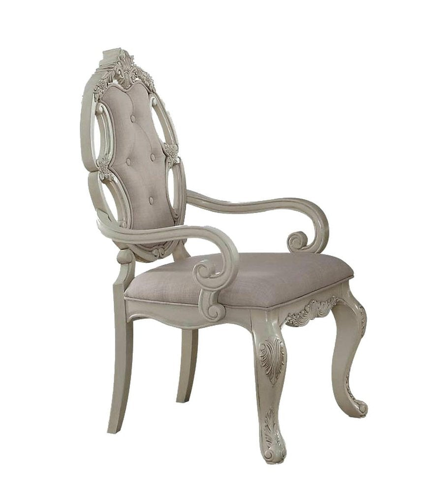Set of Two Gray and Antiqued White Tufted Fabric Dining Arm Chairs