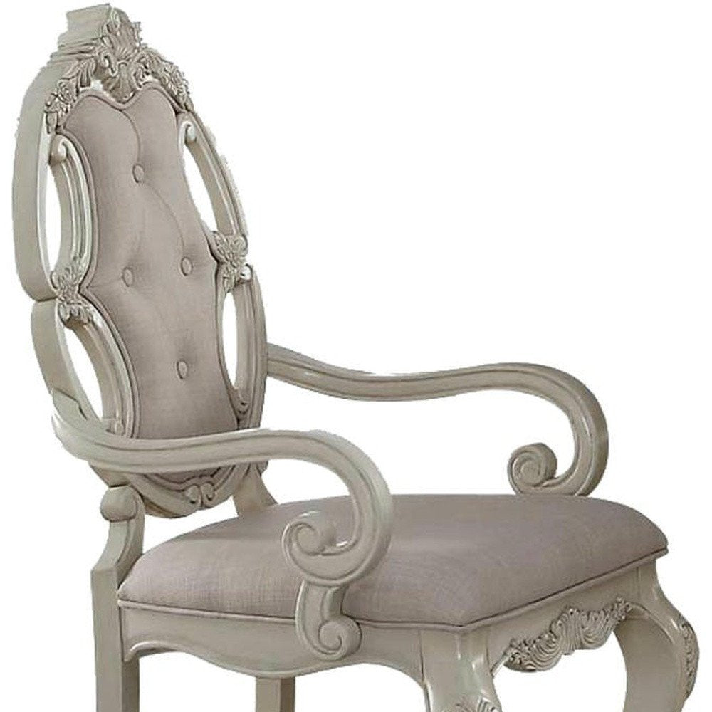 Set of Two Gray and Antiqued White Tufted Fabric Dining Arm Chairs