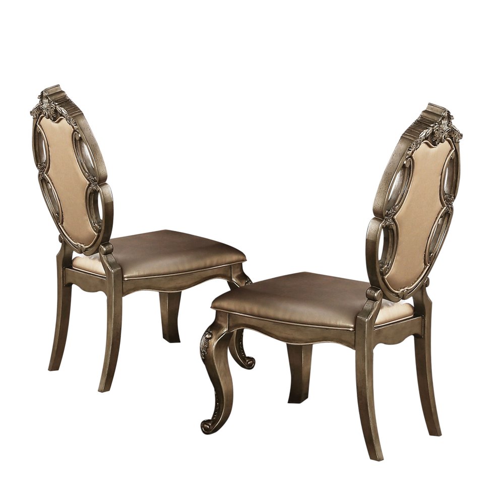 Set of Two Tufted Oak Upholstered Faux Leather and Solid Wood Dining Side Chairs