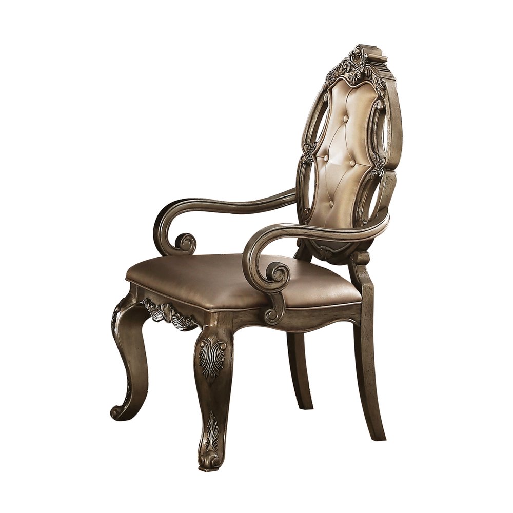 Set of Two Tufted Oak Upholstered Faux Leather and Solid Wood Dining Arm Chairs