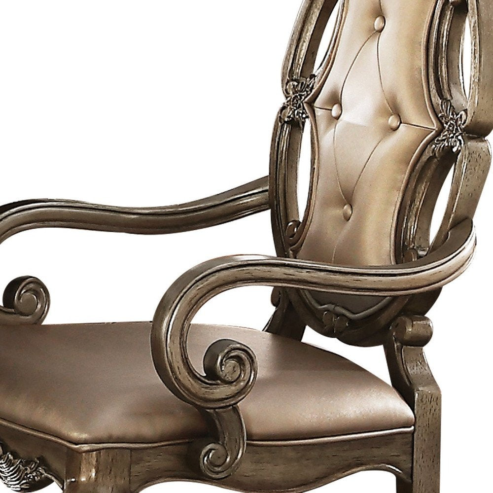 Set of Two Tufted Oak Upholstered Faux Leather and Solid Wood Dining Arm Chairs