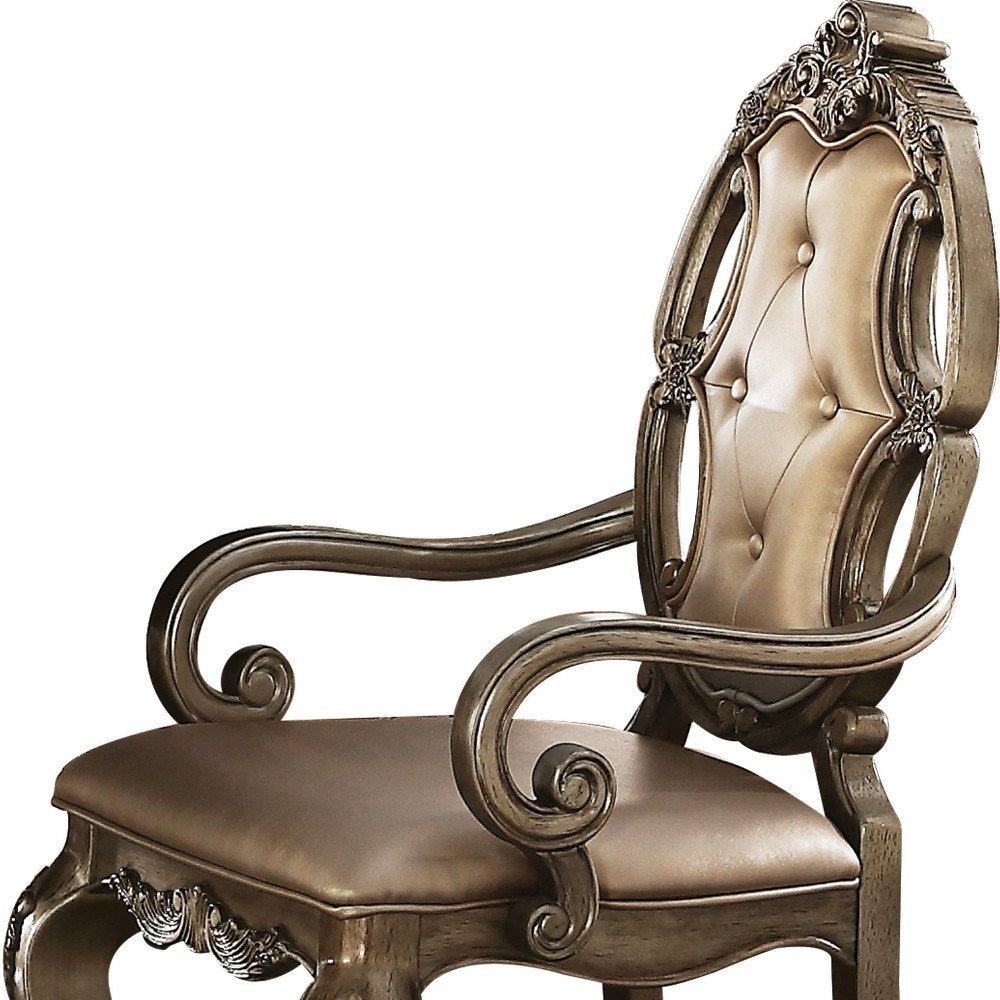Set of Two Tufted Oak Upholstered Faux Leather and Solid Wood Dining Arm Chairs