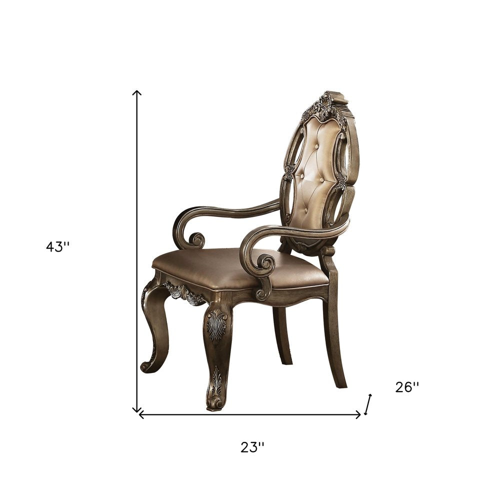 Set of Two Tufted Oak Upholstered Faux Leather and Solid Wood Dining Arm Chairs