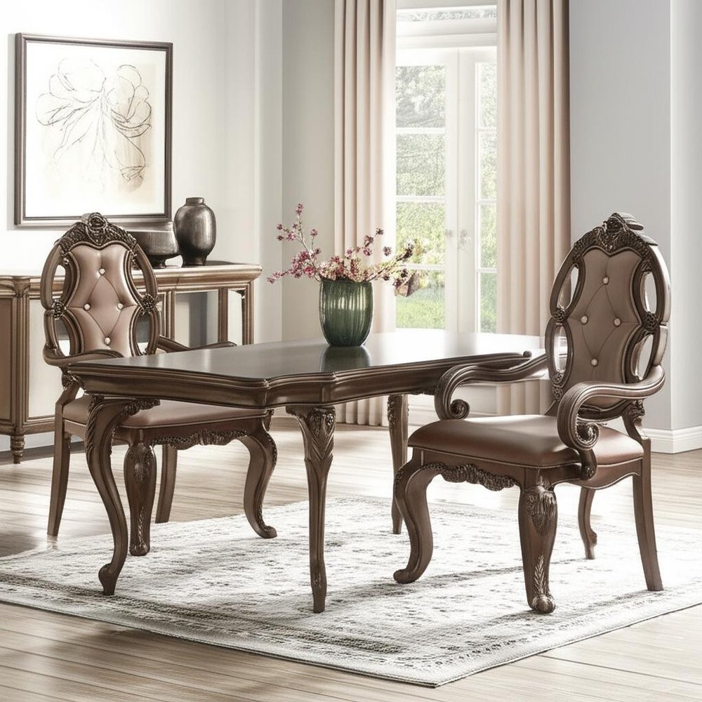 Set of Two Tufted Oak Upholstered Faux Leather and Solid Wood Dining Arm Chairs