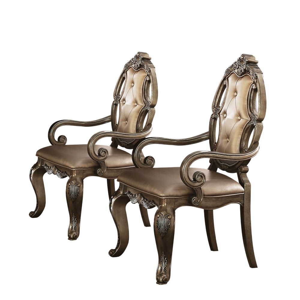 Set of Two Tufted Oak Upholstered Faux Leather and Solid Wood Dining Arm Chairs