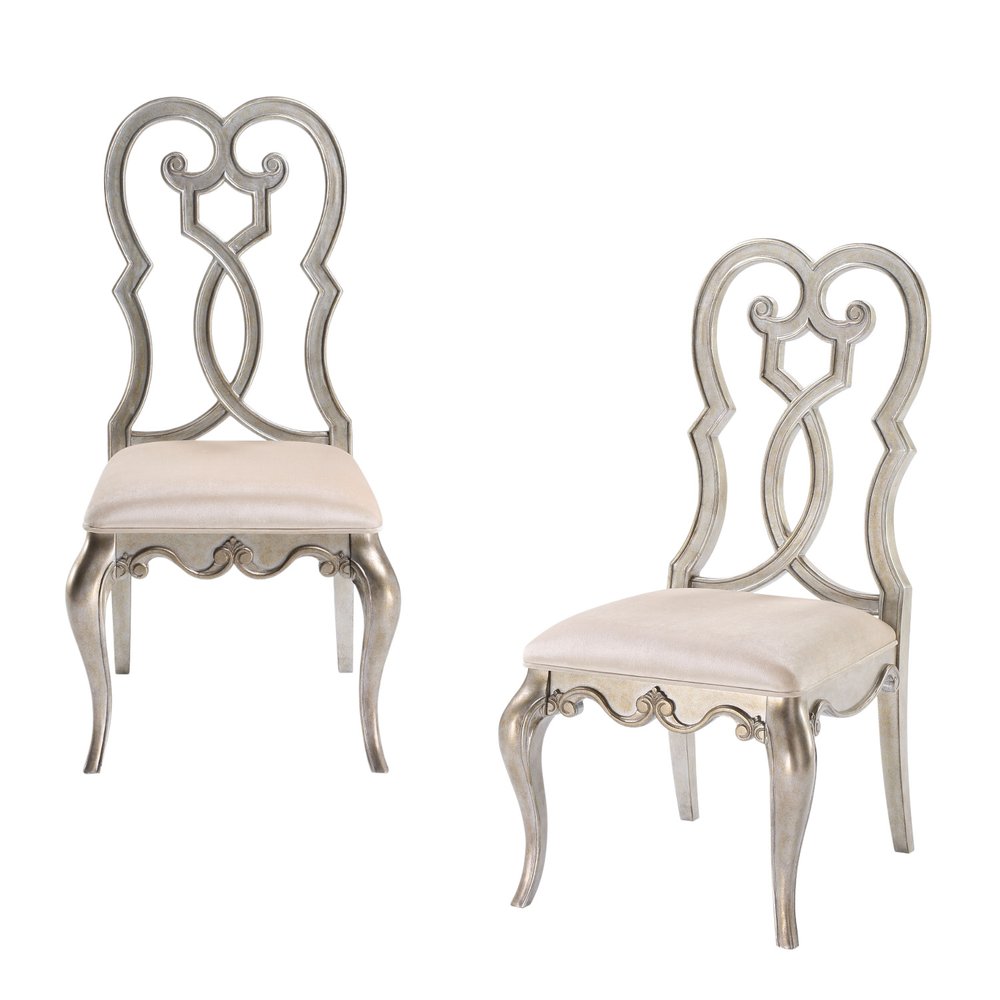 Set of Two Ivory and Champagne Upholstered Velvet and Solid Wood Dining Side Chairs