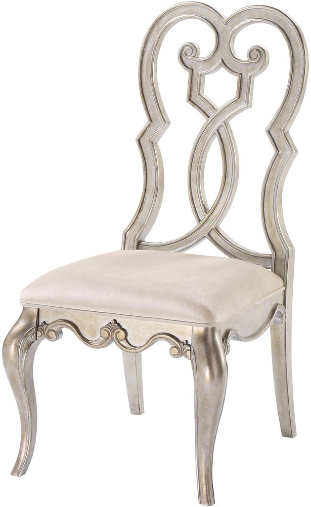 Set of Two Ivory and Champagne Upholstered Velvet and Solid Wood Dining Side Chairs