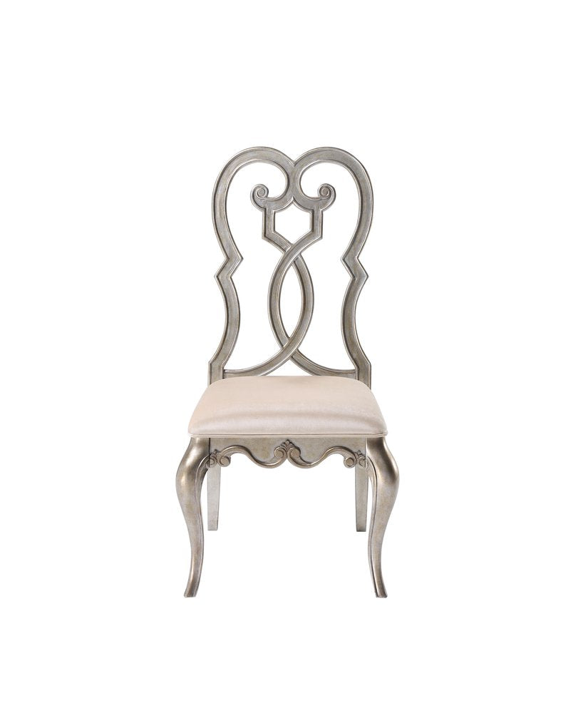 Set of Two Ivory and Champagne Upholstered Velvet and Solid Wood Dining Side Chairs