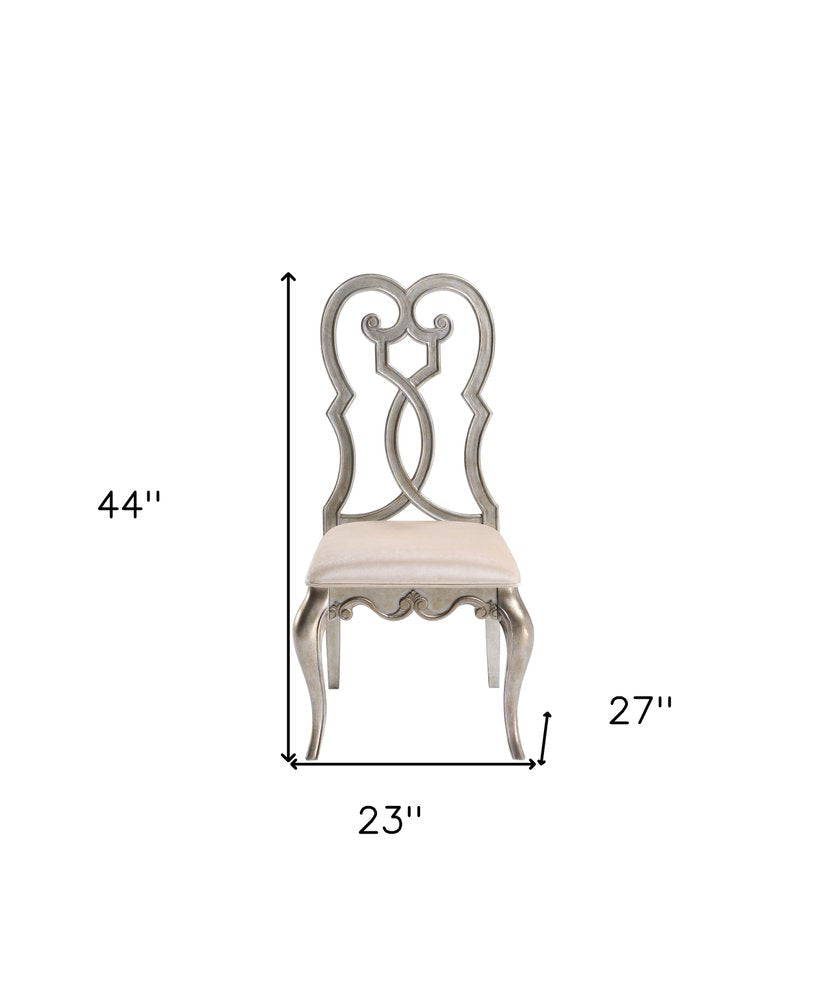 Set of Two Ivory and Champagne Upholstered Velvet and Solid Wood Dining Side Chairs