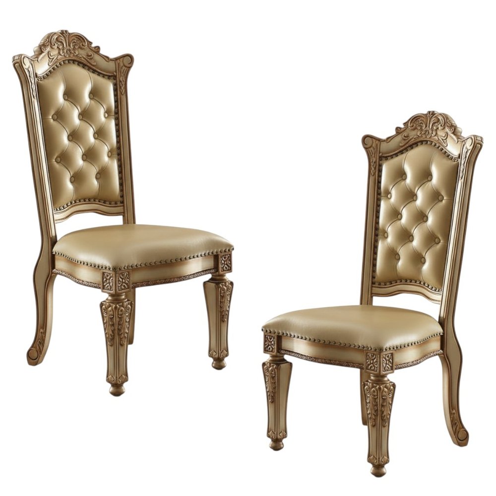 Set of Two Tufted Bone and Brass Upholstered Faux Leather and Wood Dining Side Chairs