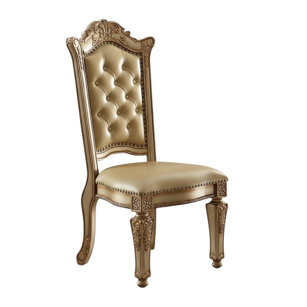 Set of Two Tufted Bone and Brass Upholstered Faux Leather and Wood Dining Side Chairs
