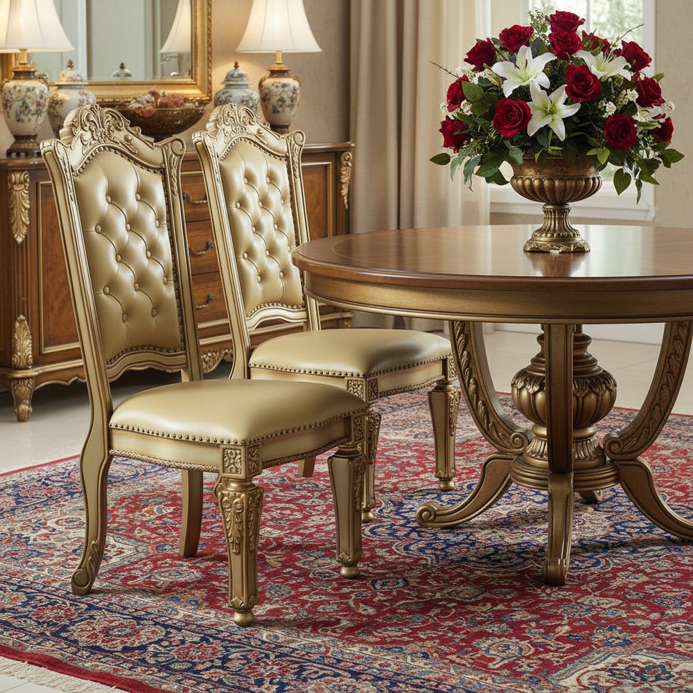 Set of Two Tufted Bone and Brass Upholstered Faux Leather and Wood Dining Side Chairs