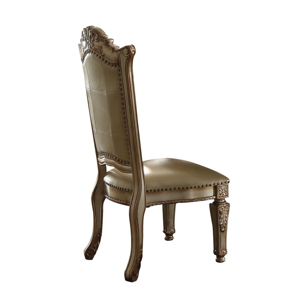 Set of Two Tufted Bone and Brass Upholstered Faux Leather and Wood Dining Side Chairs