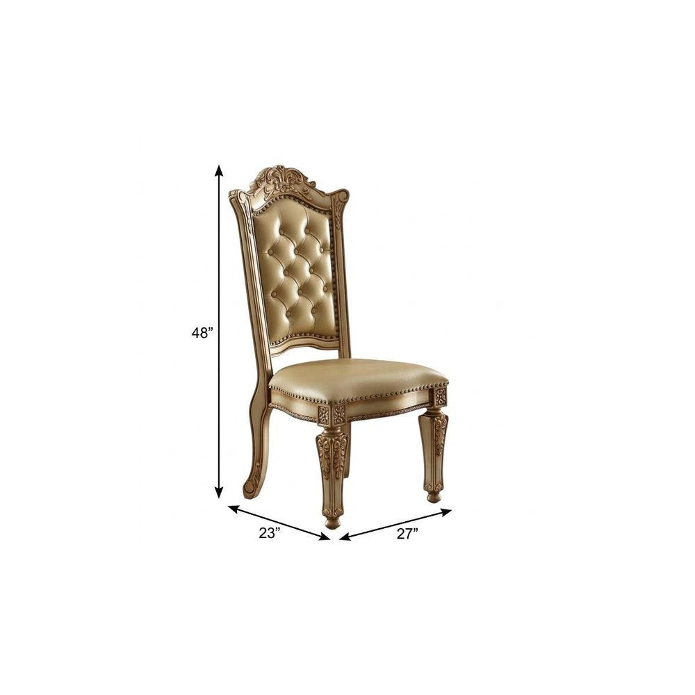 Set of Two Tufted Bone and Brass Upholstered Faux Leather and Wood Dining Side Chairs