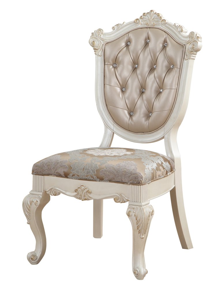 Set of Two Tufted Rose Gold and Pearl Upholstered Faux Leather and Solid Wood Dining Side Chairs