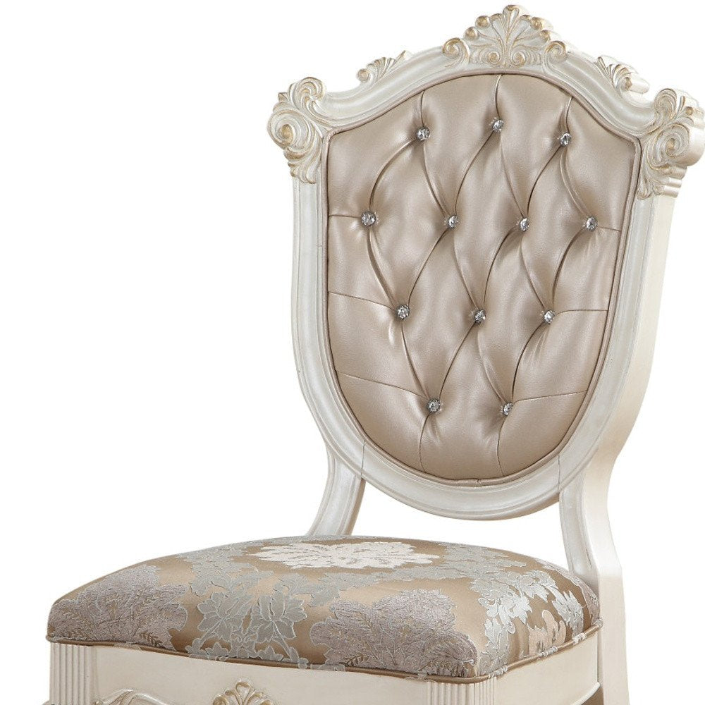 Set of Two Tufted Rose Gold and Pearl Upholstered Faux Leather and Solid Wood Dining Side Chairs