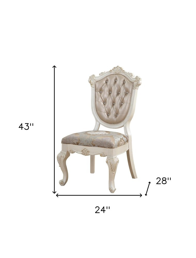 Set of Two Tufted Rose Gold and Pearl Upholstered Faux Leather and Solid Wood Dining Side Chairs