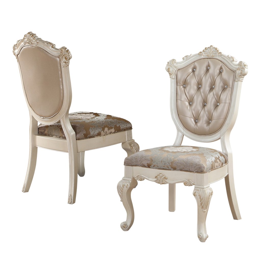 Set of Two Tufted Rose Gold and Pearl Upholstered Faux Leather and Solid Wood Dining Side Chairs