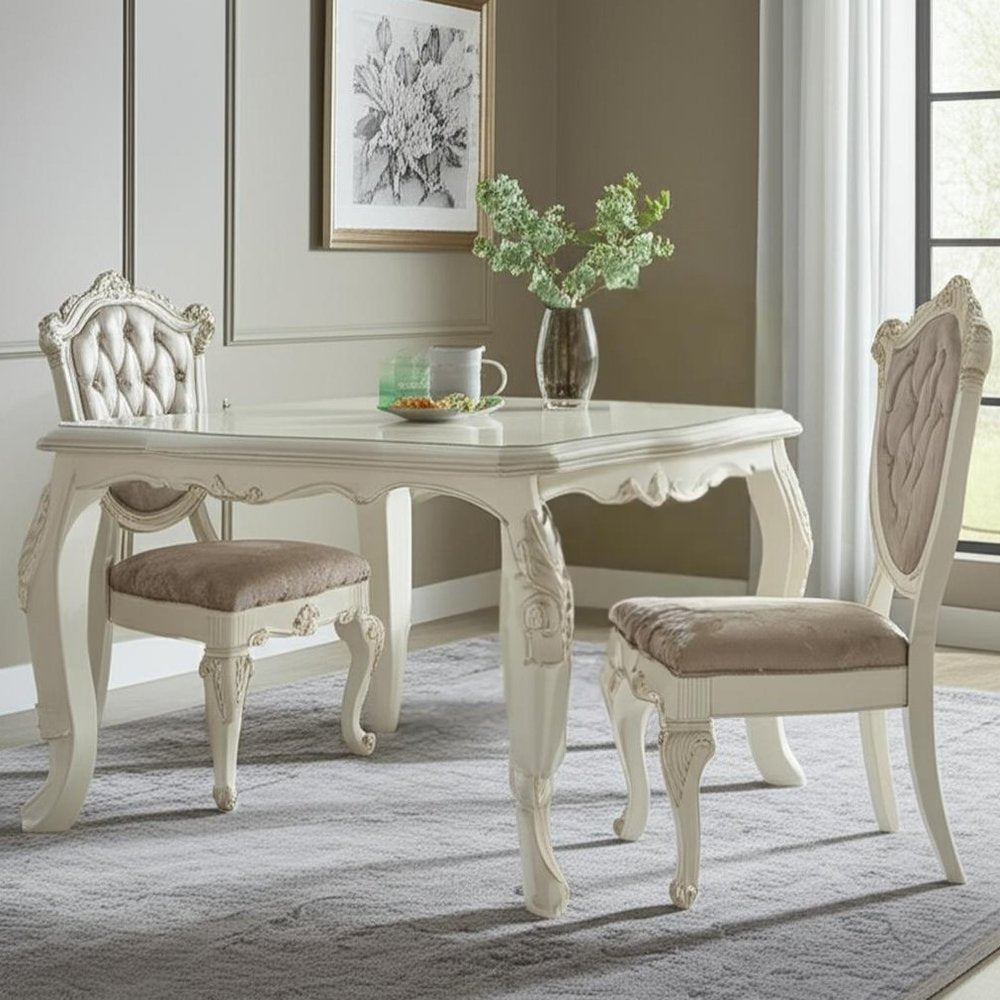 Set of Two Tufted Rose Gold and Pearl Upholstered Faux Leather and Solid Wood Dining Side Chairs