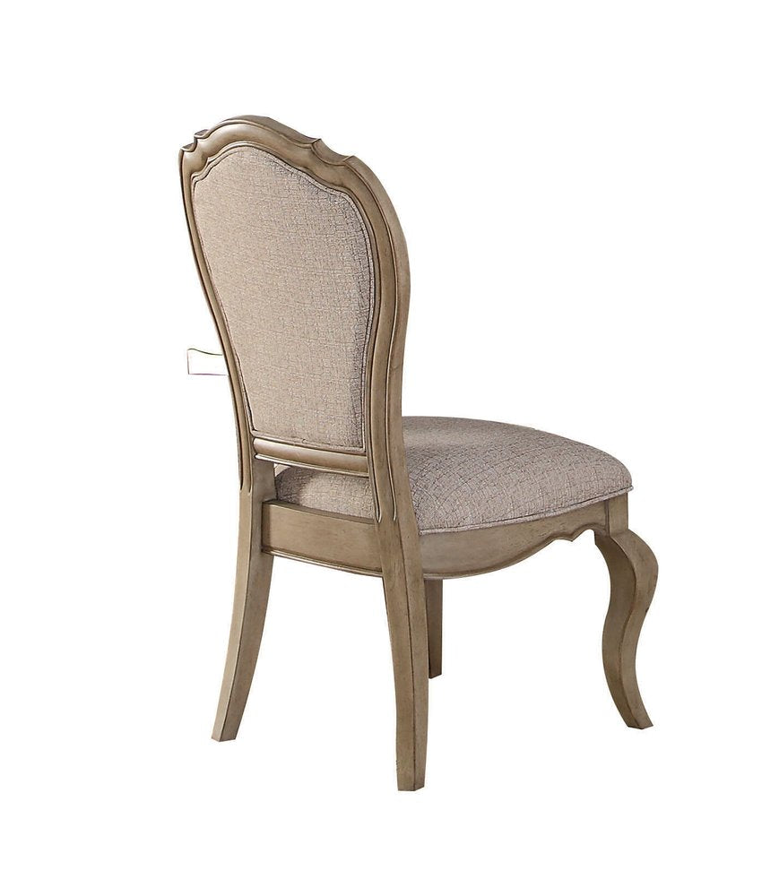 Set of Two Tufted Beige and Taupe Upholstered Fabric and Solid Wood Dining Side Chairs